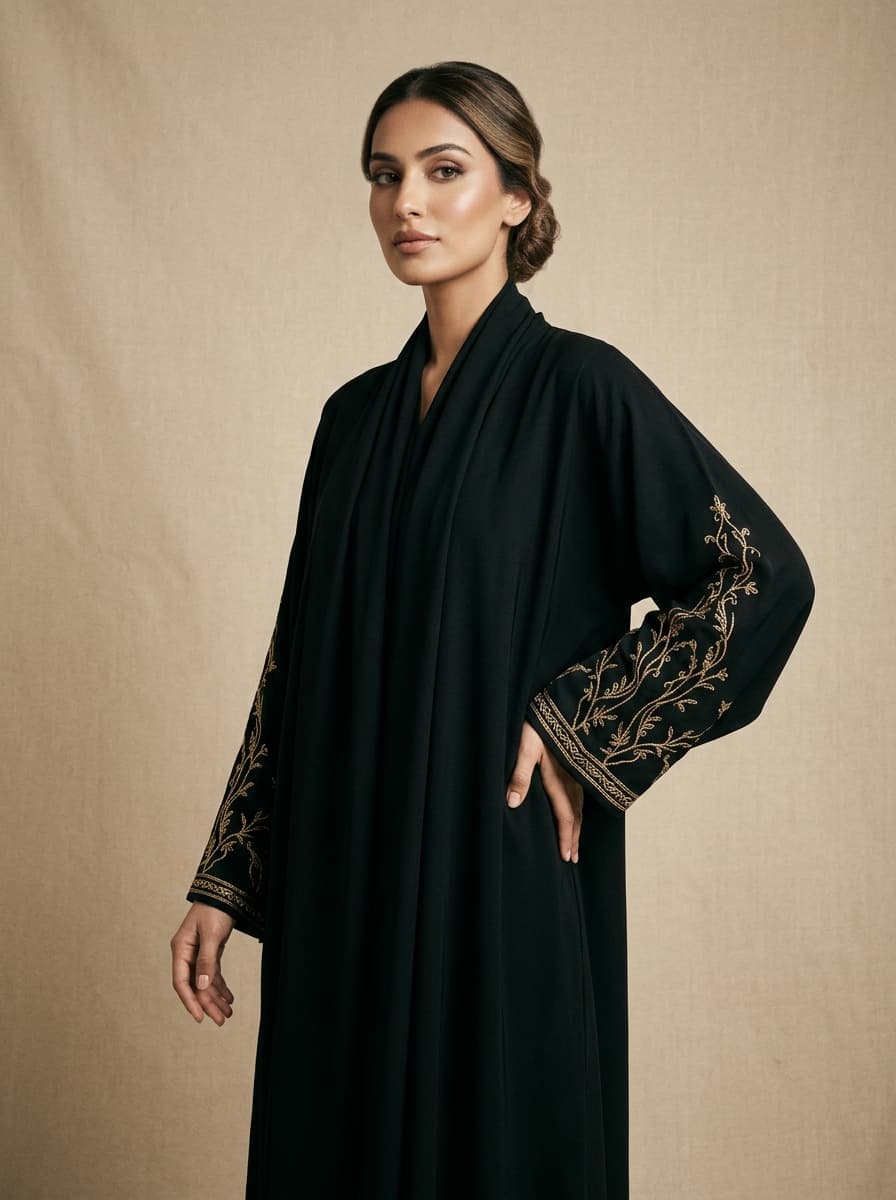 Amani Black Abaya with French Hand Embroidered Long Coat
